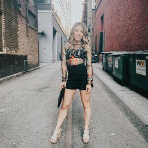 Shein House of Chic Belted Embroidered Bodice Mesh Romper Size XS